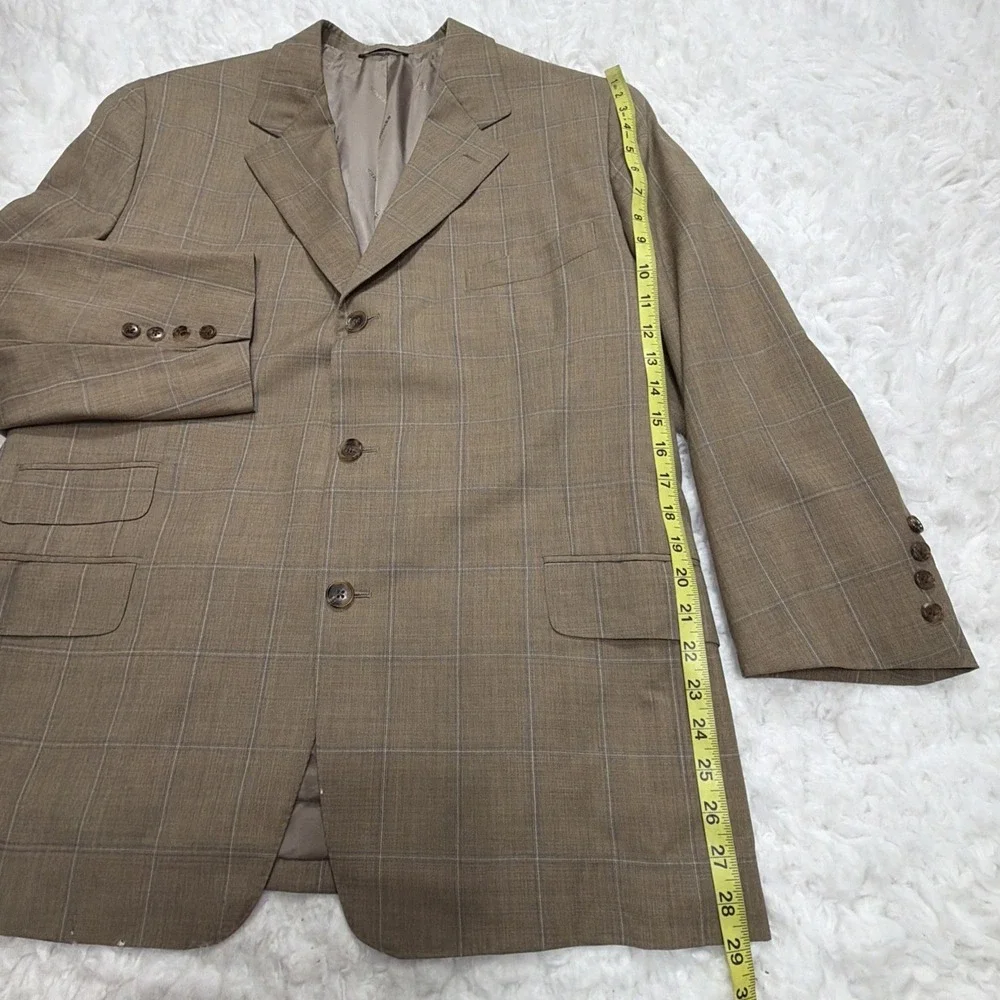HERMES Mens Sport Coat Blazer Beige Tan Windowpane Checked 42R Wedding Flaws**